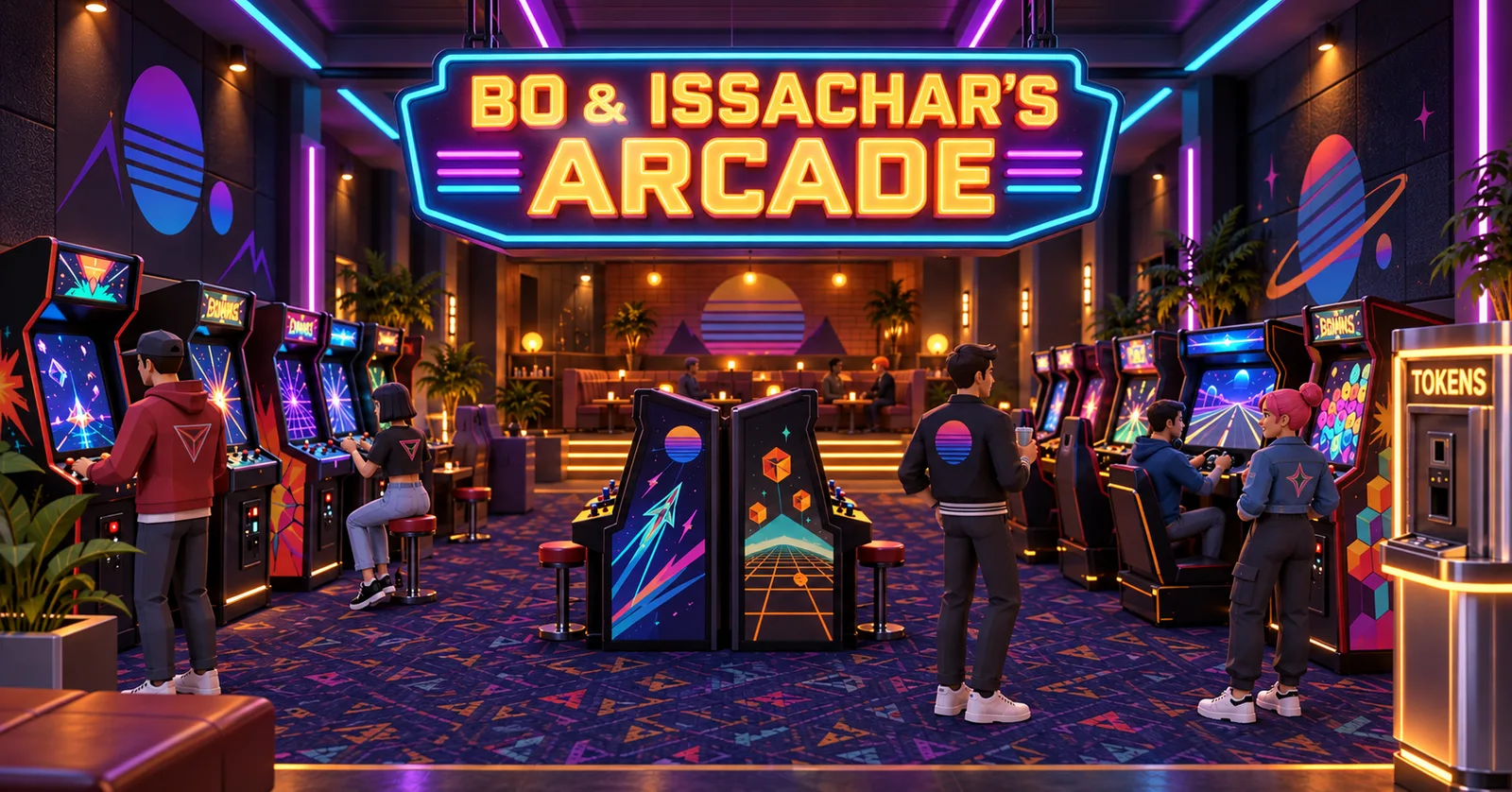 Neon cabinets, a glowing arcade sign, and friends hanging out in the lounge.