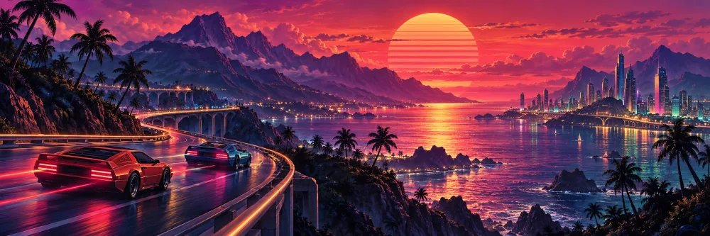 Original neon mural of a winding coastal road under a sunset sky.